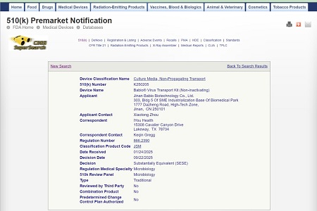 Babio menjamin pelepasan A.S. FDA 510 (k) A.S. untuk kit pengangkutan virusnya (tidak aktif)